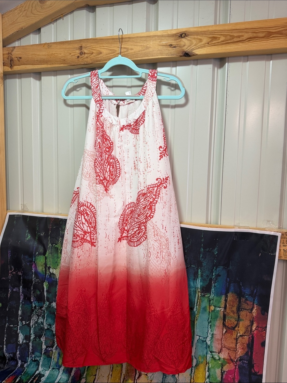 Chico's White to Red Ombre Tank Midi Dress with Leaf Print